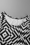 Vestidos retos preto e branco estampados patchwork com decote em bico