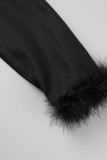 Prendas de abrigo con cuello vuelto de plumas de patchwork sólido de fiesta negro
