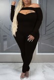 Black Sexy Casual Solid Hollowed Out O Neck Plus Size Jumpsuits