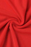 Rode sexy effen patchwork vierkante kraag twee stukken met lange mouwen