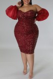 Rotes sexy formales Patchwork ausgehöhltes rückenfreies schulterfreies Abendkleid Kleider in Übergröße