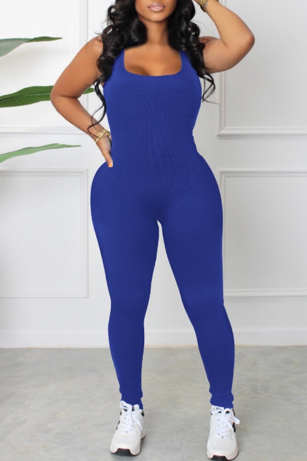Blauwe sexy casual effen rugloze skinny jumpsuits met U-hals