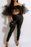 Black Sexy Solid Patchwork Flounce Off the Shoulder Tops