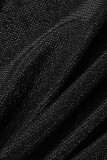 Vestidos de falda de un paso con cuello en V asimétrico de patchwork sólido sexy negro