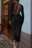 Vestidos de manga comprida sexy casuais lisos sem costas nas costas