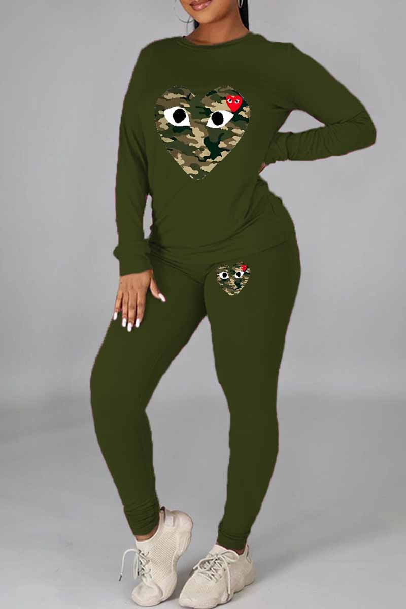 

Army Green Casual Print Patchwork O Neck Long Sleeve Two Pieces