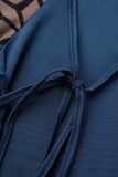 Blauer, lässiger, durchsichtiger Patchwork-Overall mit halbem Rollkragen