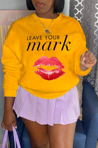 Yellow Casual Lips Printed Patchwork O Neck Tops