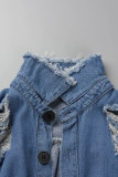 Sky Blue Fashion Casual Solid Ripped Turndown Collar Long Sleeve Regular Denim Dresses