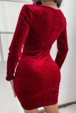 Бордовые сексуальные однотонные лоскутные складки асимметричные платья с V-образным вырезом и юбкой-карандашом