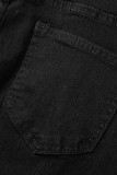 Schwarze, lässige, solide, ausgehöhlte Patchwork-Denim-Jeans mit hoher Taille