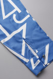 Top con colletto rovesciato con fibbia patchwork stampa casual blu