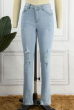 Babyblauwe mode casual effen gescheurde skinny jeans met hoge taille