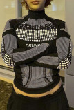 Tops à col zippé patchwork imprimés de vêtements de sport décontractés noirs