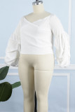 Tops de talla grande con pliegues en el hombro con retazos lisos casuales blancos