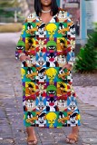Paarse casual cartoon print patchwork jurken met V-hals en lange mouwen