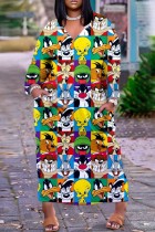 Vestidos multicoloridos casuais com estampa de desenhos animados patchwork decote em V manga longa