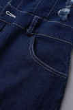 Blue Street Solid Ripped Make Old Patchwork Spänne Turndown-krage Långärmad Hög midja Vanliga jeansbyxor