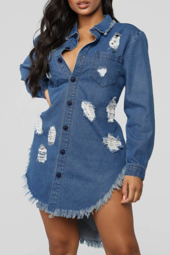 Sky Blue Fashion Casual Solid Ripped Turndown Collar Long Sleeve Regular Denim Dresses