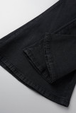 Zwarte casual street solid patchwork jeans met hoge taille