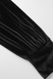 Colletto con cappuccio a maniche lunghe con cerniera lampo casual solido nero due pezzi