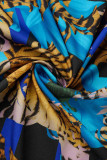 Colletto rovesciato pieghevole con fibbia patchwork stampa casual blu Plus Size due pezzi