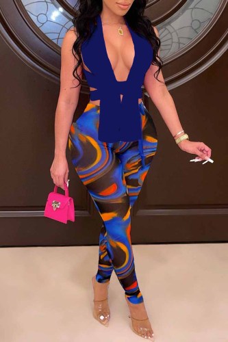 Dark Blue Fashion Sexy Print Patchwork V Neck Sleeveless Two Pieces