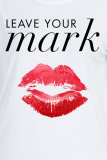 Marineblauwe Street Lips bedrukte patchwork T-shirts met ronde hals