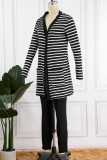 Black Casual Striped Print Cardigan Pants Long Sleeve Two Pieces