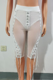 Calças skinny cintura média com design sexy de retalhos transparentes da moda branca