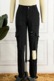 Schwarze, lässige Street-Print-zerrissene Patchwork-Hose mit hoher Taille und Bleistift-Volldruck
