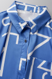 Top con colletto rovesciato con fibbia patchwork stampa casual blu