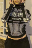 Tops à col zippé patchwork imprimés de vêtements de sport décontractés noirs