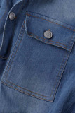 Повседневные однотонные джинсовые комбинезоны с отложным воротником и пряжкой в ​​стиле пэчворк королевского синего цвета с длинным рукавом и высокой талией