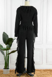 Black Casual Solid Tassel Patchwork O Neck Long Sleeve Two Pieces