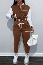 Brown Casual Letter Print Patchwork Long Sleeve Two Pieces