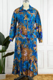 Blue Casual Print Patchwork Buckle Fold Turndown Collar Plus Size Two Pieces