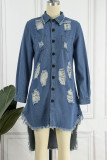 Sky Blue Fashion Casual Solid Ripped Turndown Collar Long Sleeve Regular Denim Dresses