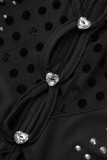 Macacão skinny preto fashion sexy patchwork perfurado vazado transparente com gola O
