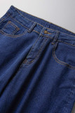 Blue Casual Street Solid Patchwork High Waist Flare Leg Denim Jeans