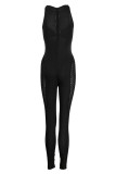Black Fashion Sexy Patchwork Hot Drilling évidé See-through O Neck Skinny Jumpsuits