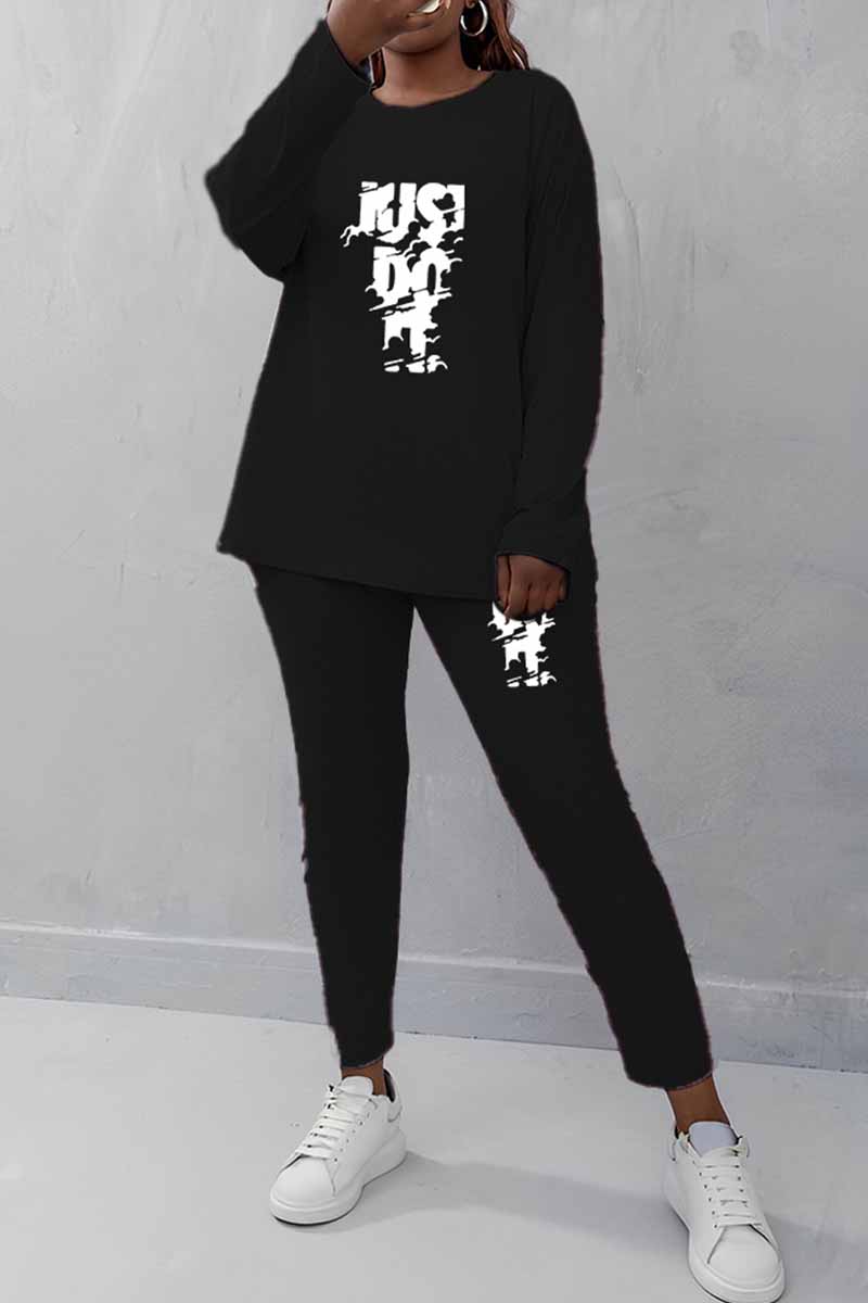 

Black Casual Print Letter O Neck Long Sleeve Two Pieces