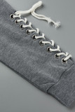 Grey Casual Street Solid Bandage Hollowed Out Patchwork Hooded Collar Long Sleeve Two Pieces