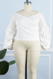 Tops de talla grande con pliegues en el hombro con retazos lisos casuales blancos
