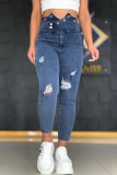 Blauwe casual effen gescheurde patchwork skinny jeans met hoge taille