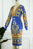 ブルー セクシー プリント パッチワーク V ネック ペンシル スカート ドレス