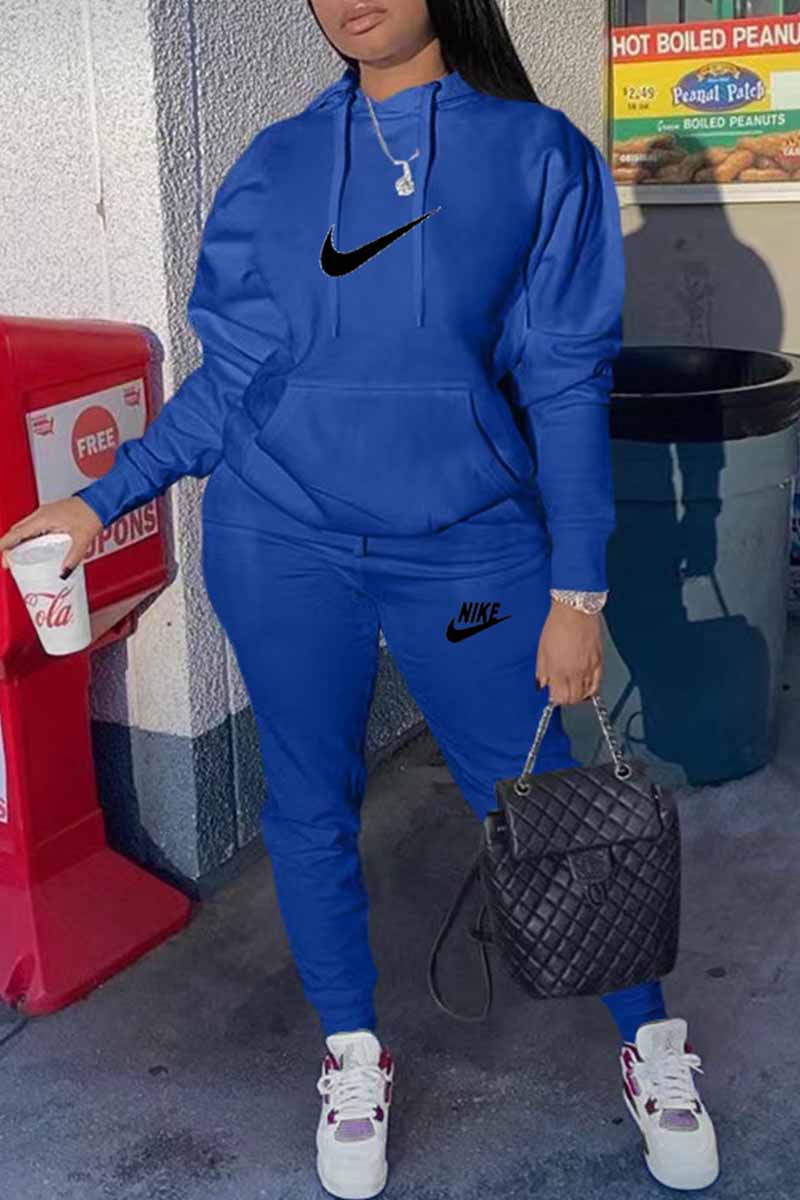

Blue Sportswear Print Letter Hooded Collar Long Sleeve Two Pieces