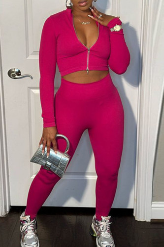 Rose Red Casual Zipper Collar Long Sleeve Crop Jackets And Skinny Pants Sportwear Two Pieces Sweatsuit Set
