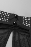 Zwart sexy patchwork hete boren uitgeholde doorzichtige halve coltrui lange mouw jurken (met slipje)