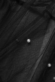 Robe chemise noire décontractée en patchwork solide avec col rabattu et perles Robes de grande taille
